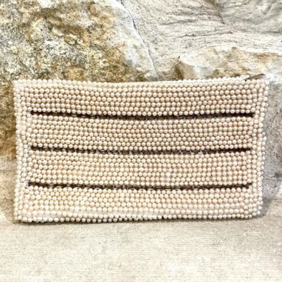 Vintage 1950s beaded faux pearl purse clutch with silver stripes and zipper - Picture 1 of 15
